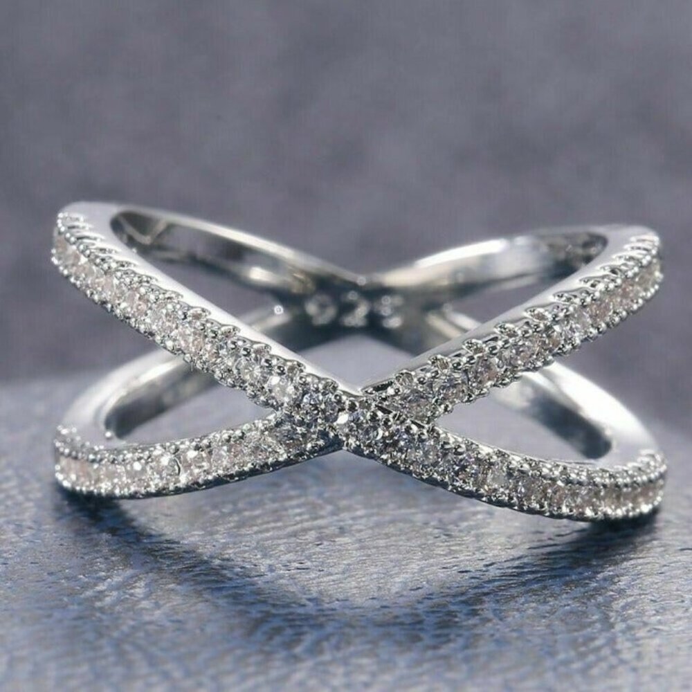 Sterling Silver Pave Diamond Criss Cross Ring